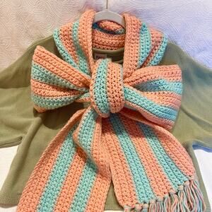 Pink and Green Striped Knit Winter Hat and Scarf Oversized Handmade Whoville